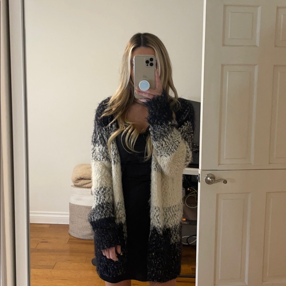 Cotton Candy black and white fuzzy cardigan